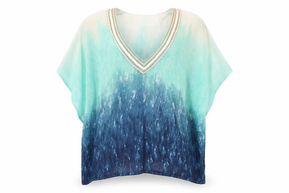 Atmosphere Womens Blue Geometric Polyester Basic Blouse Size S V-Neck
