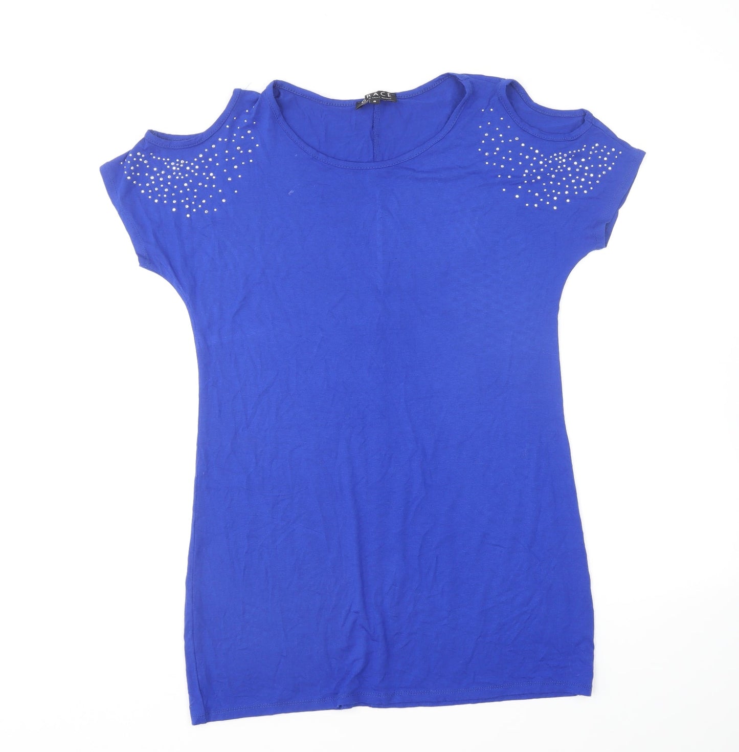 Grace Womens Blue Cotton Basic T-Shirt Size 8 Round Neck - Open shoulder