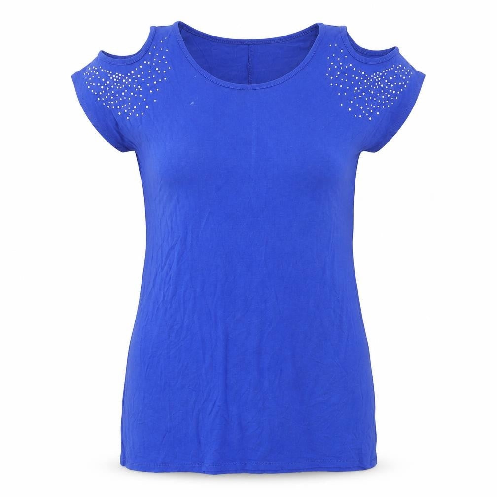 Grace Womens Blue Cotton Basic T-Shirt Size 8 Round Neck - Open shoulder
