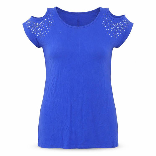 Grace Womens Blue Cotton Basic T-Shirt Size 8 Round Neck - Open shoulder