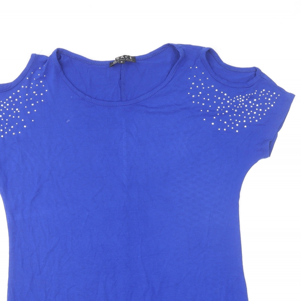 Grace Womens Blue Cotton Basic T-Shirt Size 8 Round Neck - Open shoulder