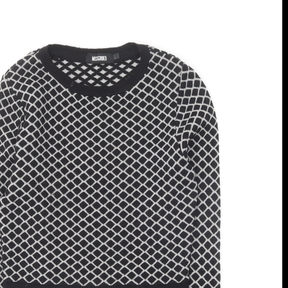 Missguided Womens Black Round Neck Argyle/Diamond Acrylic Pullover Jumper Size S - Cropped