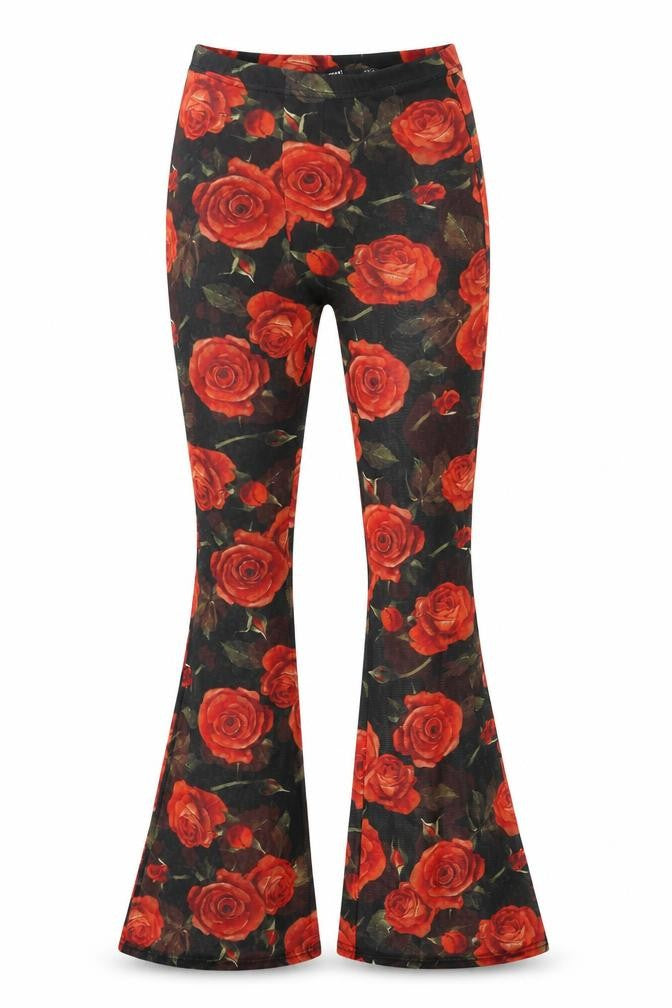 PRETTYLITTLETHING Womens Black Floral Polyester Trousers Size 4 L30 in Regular - Red Roses