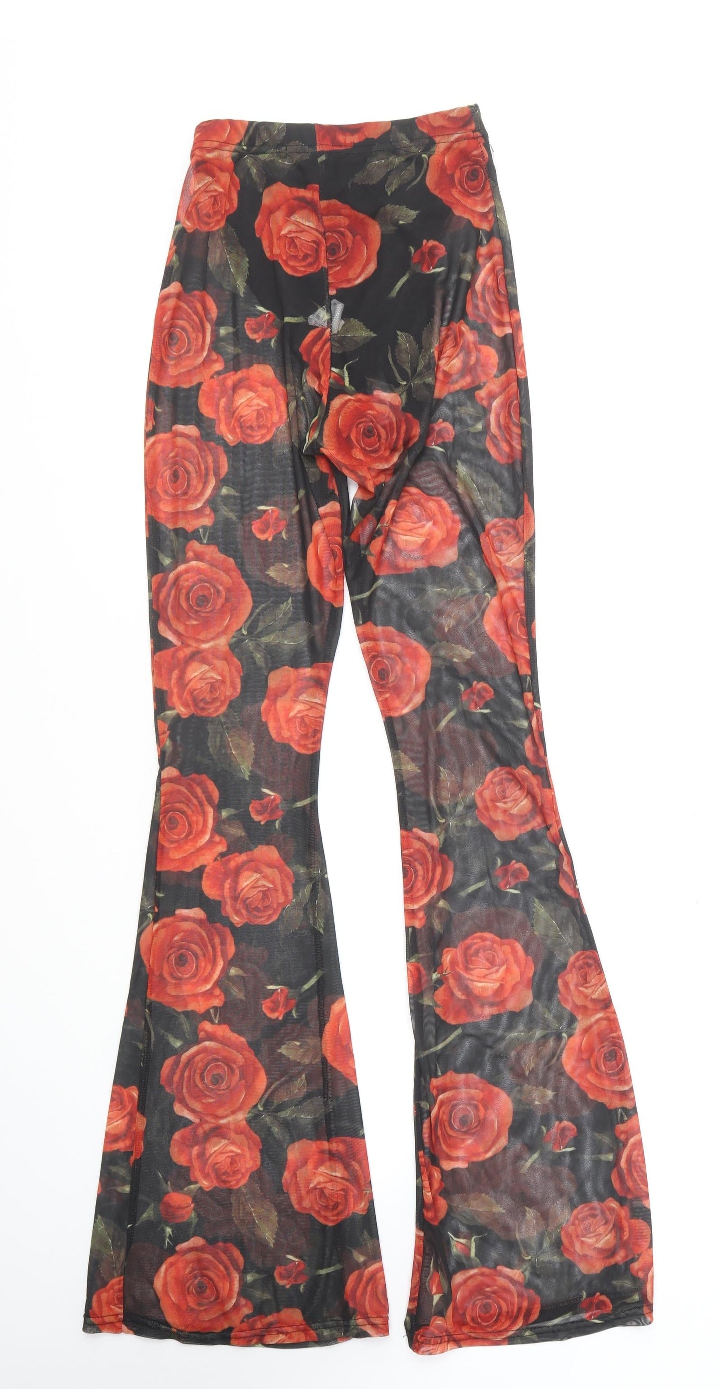 PRETTYLITTLETHING Womens Black Floral Polyester Trousers Size 4 L30 in Regular - Red Roses