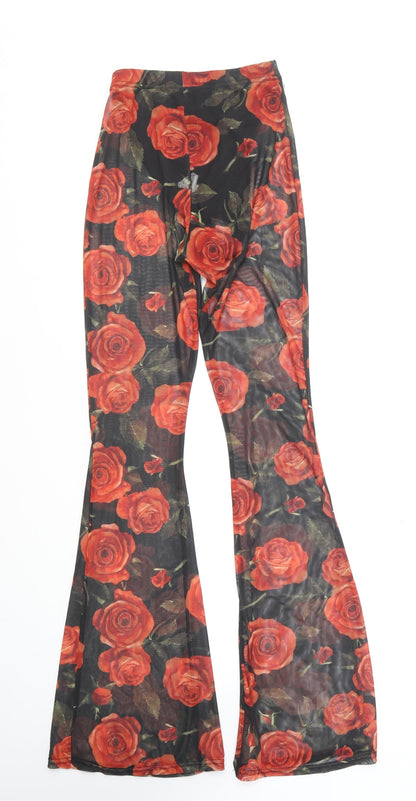 PRETTYLITTLETHING Womens Black Floral Polyester Trousers Size 4 L30 in Regular - Red Roses