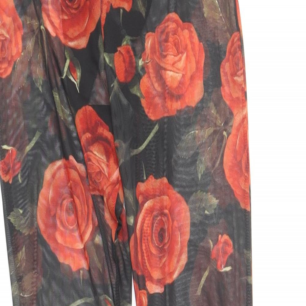 PRETTYLITTLETHING Womens Black Floral Polyester Trousers Size 4 L30 in Regular - Red Roses