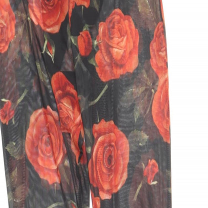 PRETTYLITTLETHING Womens Black Floral Polyester Trousers Size 4 L30 in Regular - Red Roses