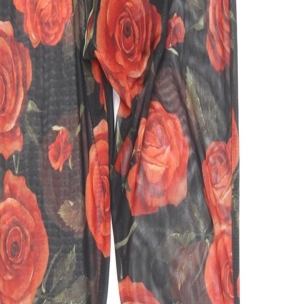 PRETTYLITTLETHING Womens Black Floral Polyester Trousers Size 4 L30 in Regular - Red Roses