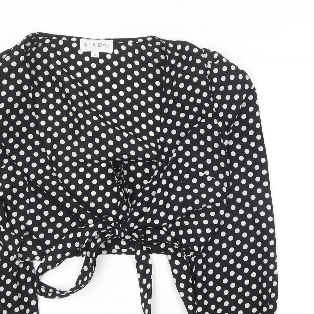 In the Style Womens Black Polka Dot Polyester Basic Blouse Size 6 V-Neck
