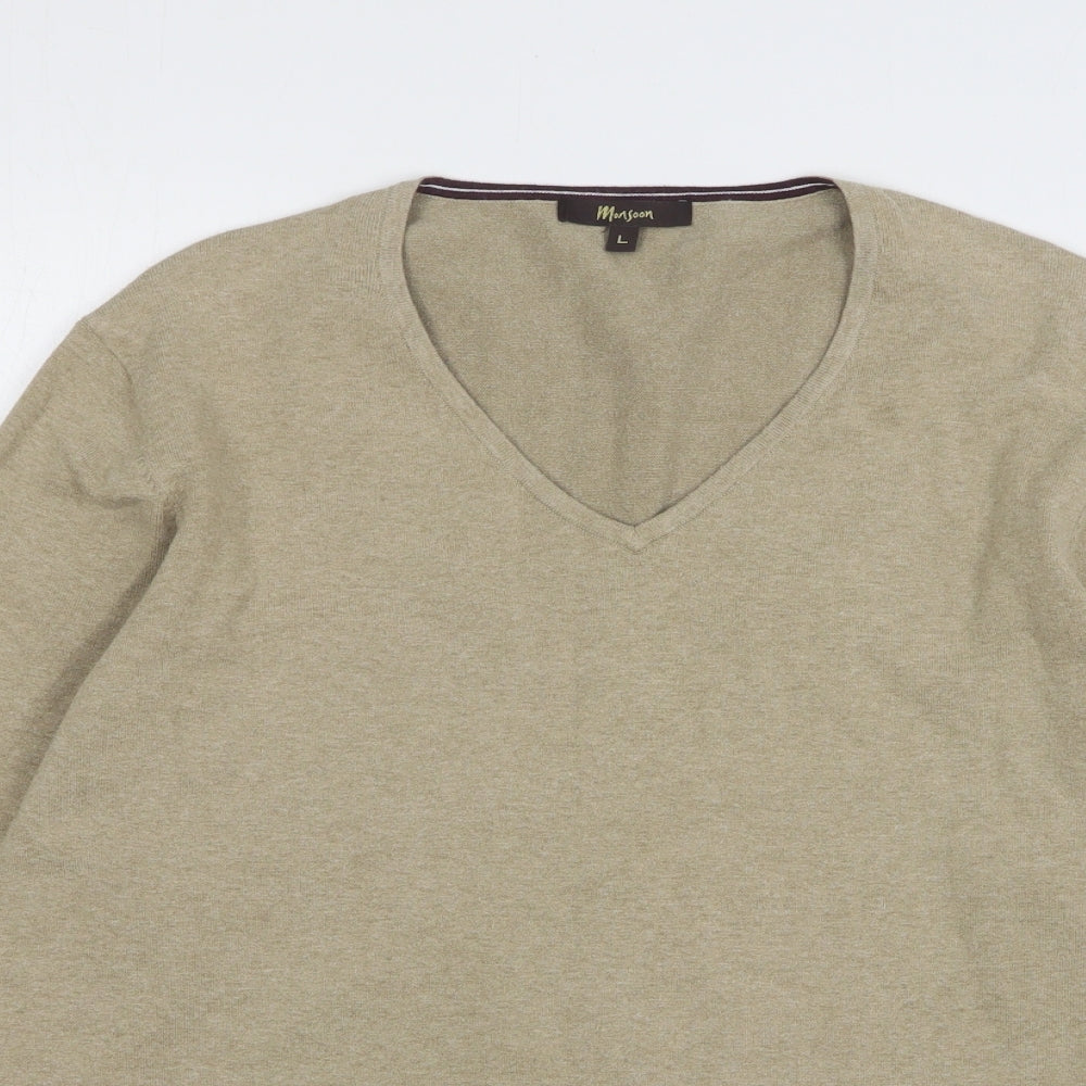 Monsoon Womens Beige V-Neck Cotton Pullover Jumper Size L