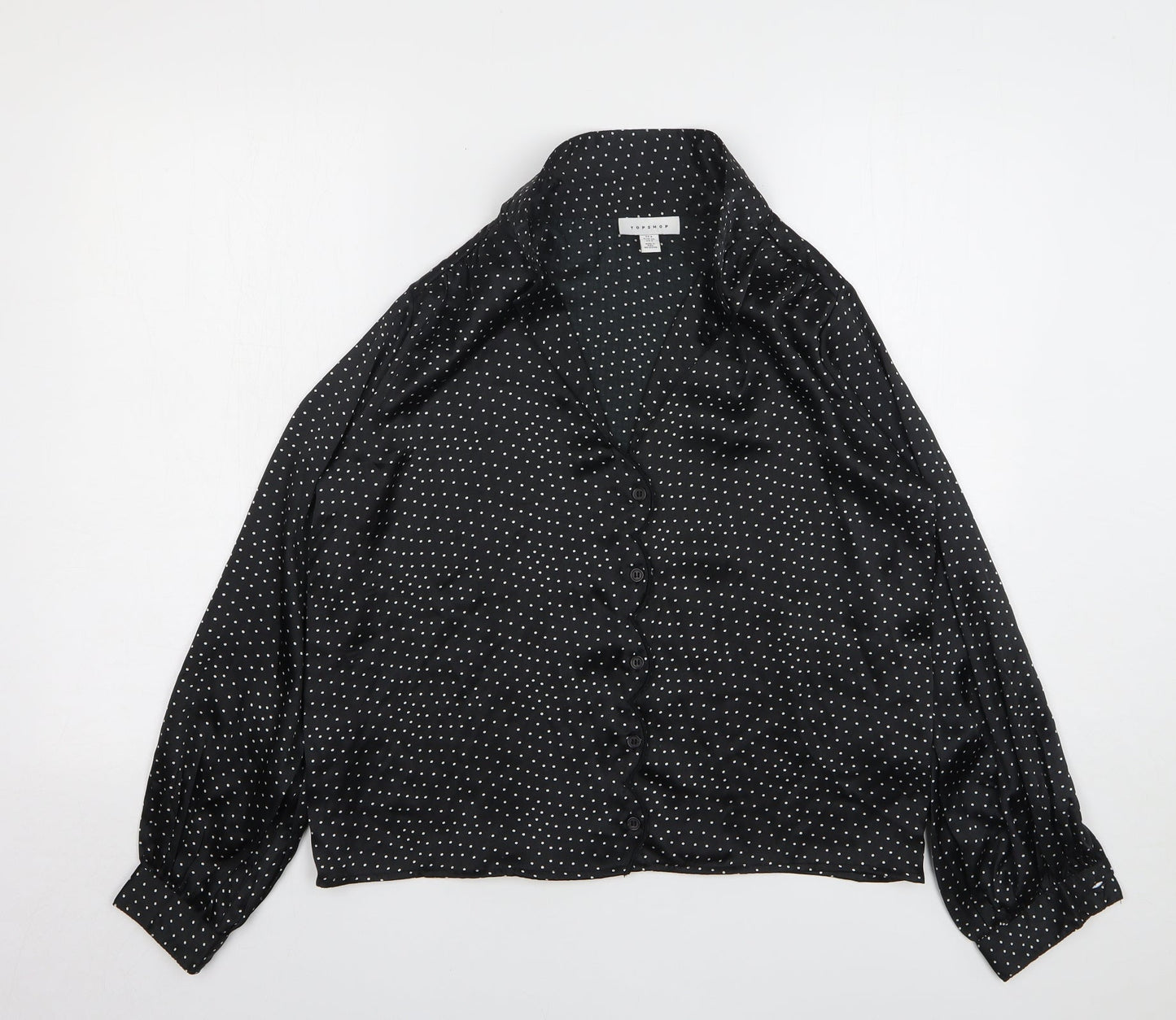 Topshop Womens Black Polka Dot Polyester Basic Button-Up Size 6 Collared