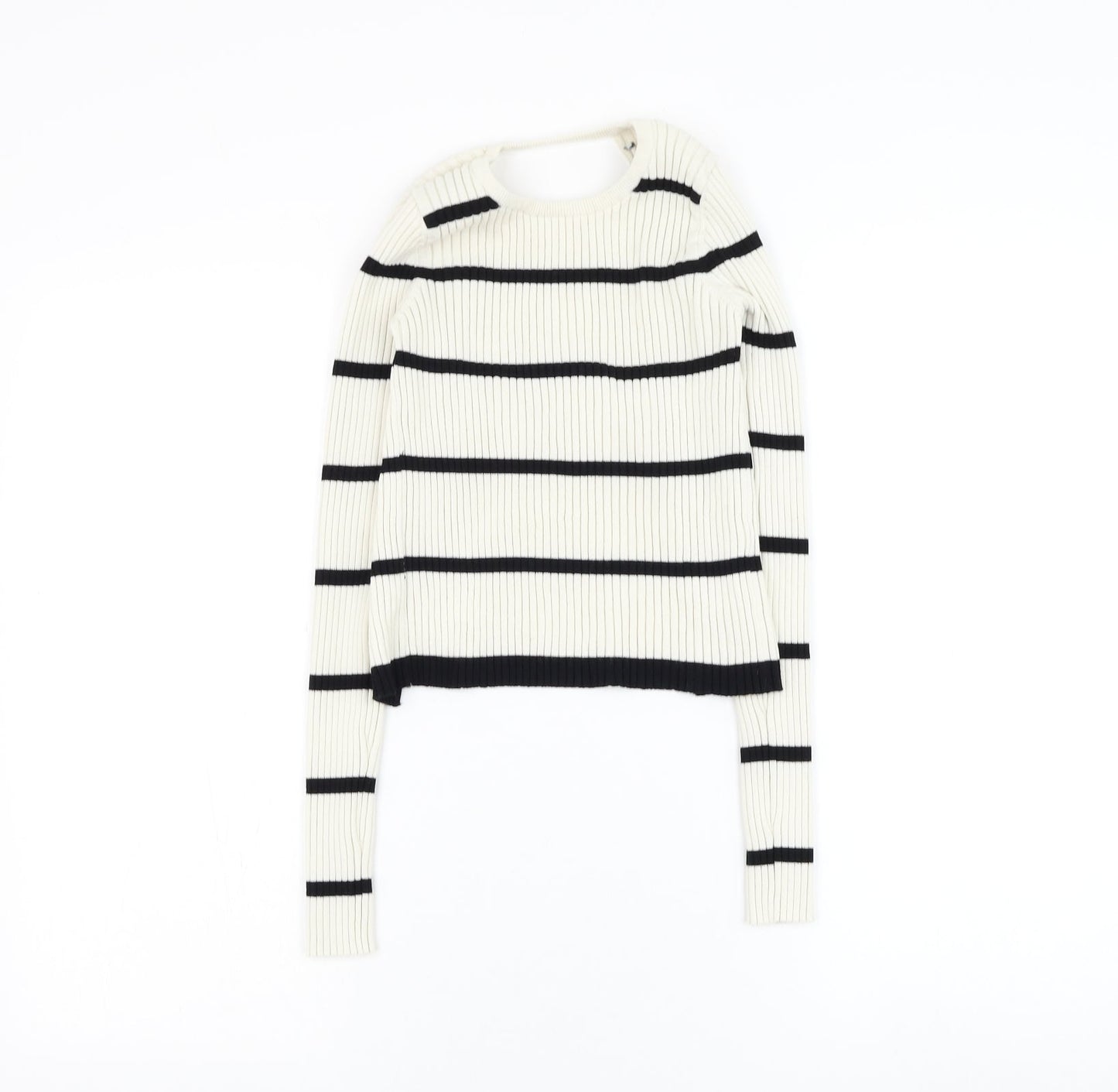 Preworn Womens White Round Neck Striped Polyester Pullover Jumper Size S - Open bac