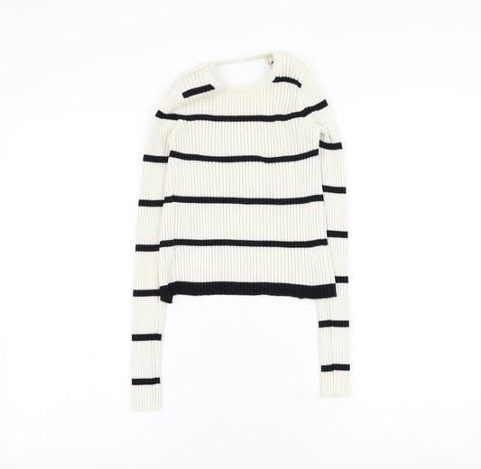 Preworn Womens White Round Neck Striped Polyester Pullover Jumper Size S - Open bac