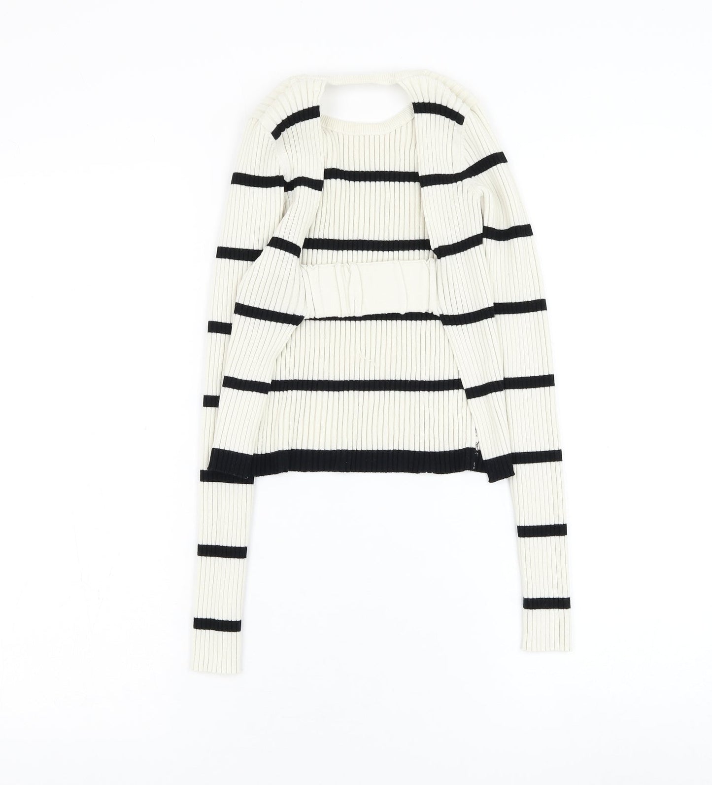 Preworn Womens White Round Neck Striped Polyester Pullover Jumper Size S - Open bac