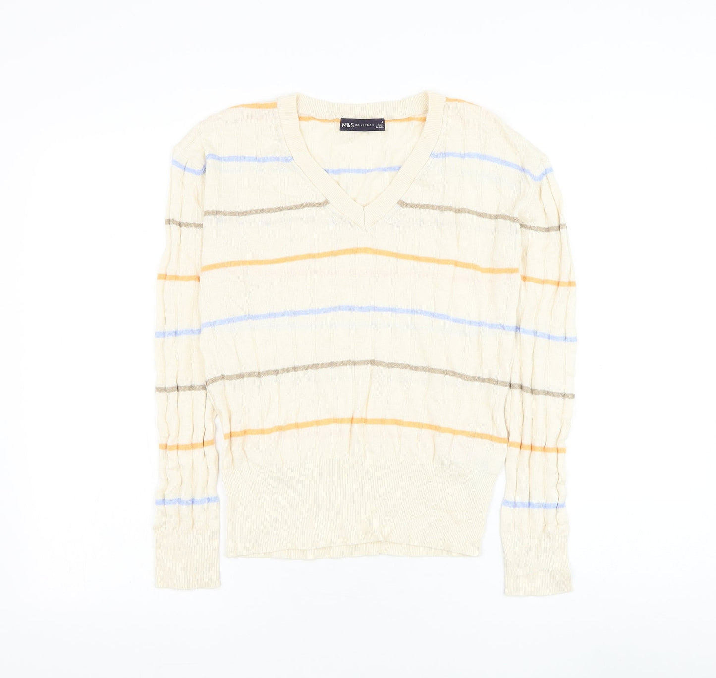 Marks and Spencer Womens Beige V-Neck Striped Viscose Pullover Jumper Size S