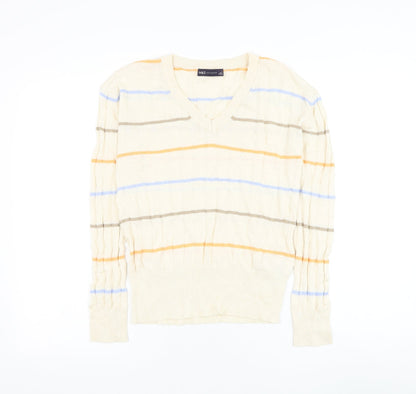 Marks & Spencer Womens Beige V-Neck Striped Viscose Pullover Jumper Size S