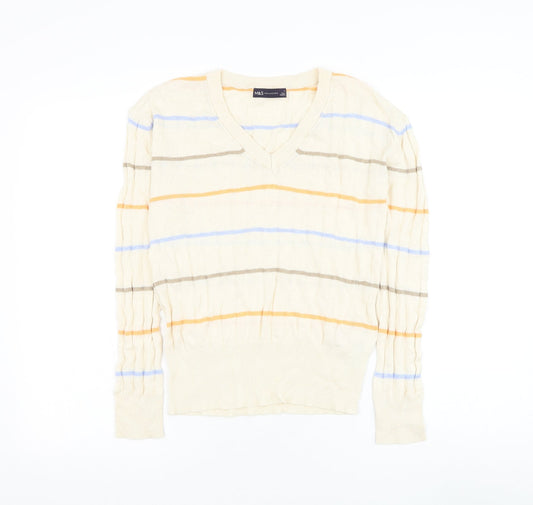 Marks and Spencer Womens Beige V-Neck Striped Viscose Pullover Jumper Size S
