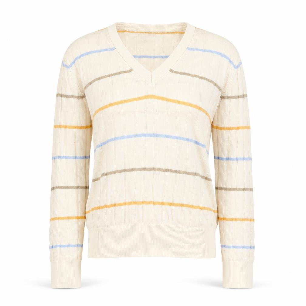 Marks & Spencer Womens Beige V-Neck Striped Viscose Pullover Jumper Size S