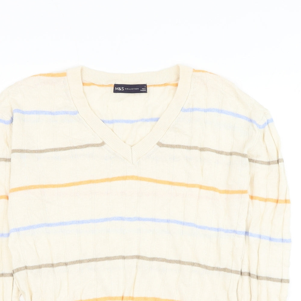 Marks and Spencer Womens Beige V-Neck Striped Viscose Pullover Jumper Size S