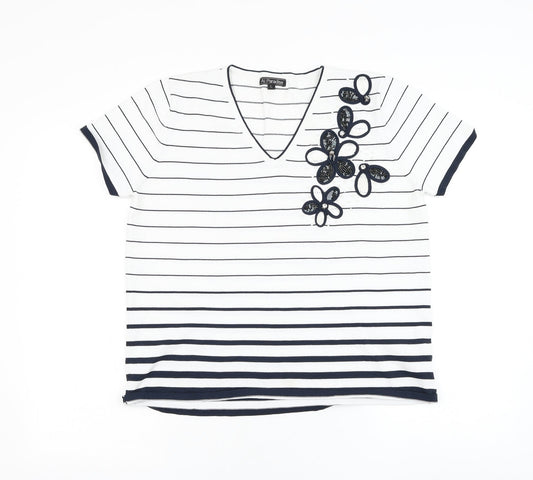 Al Paradise Womens White Striped Viscose Basic Blouse Size L V-Neck - Flower