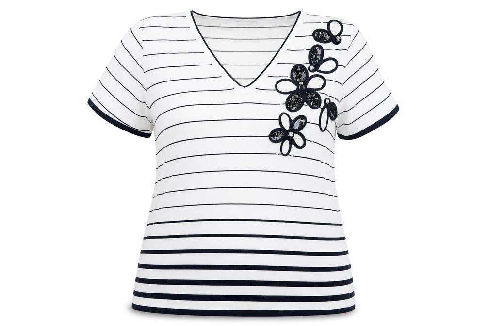 Al Paradise Womens White Striped Viscose Basic Blouse Size L V-Neck - Flower