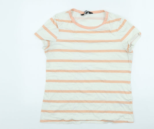 Dorothy Perkins Womens Beige Striped 100% Cotton Basic T-Shirt Size 14 Scoop Neck