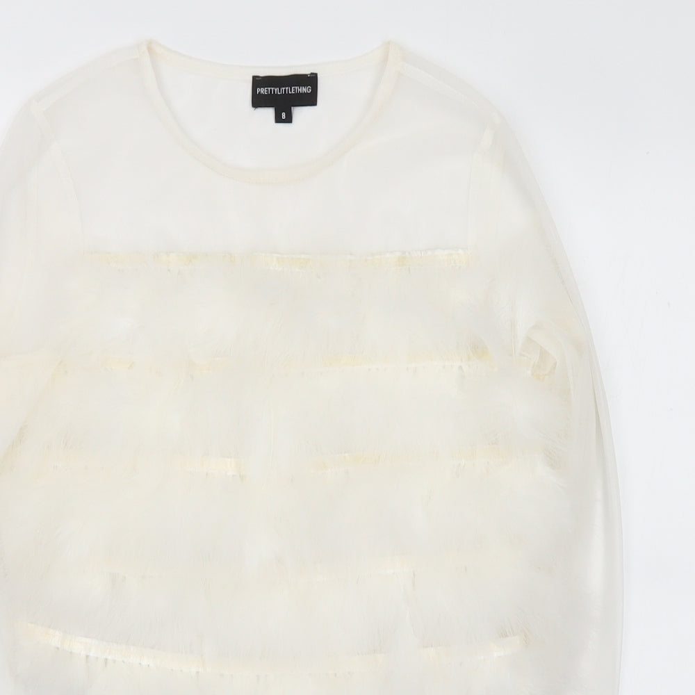 PRETTYLITTLETHING Womens White Polyester Cropped Blouse Size 8 Round Neck