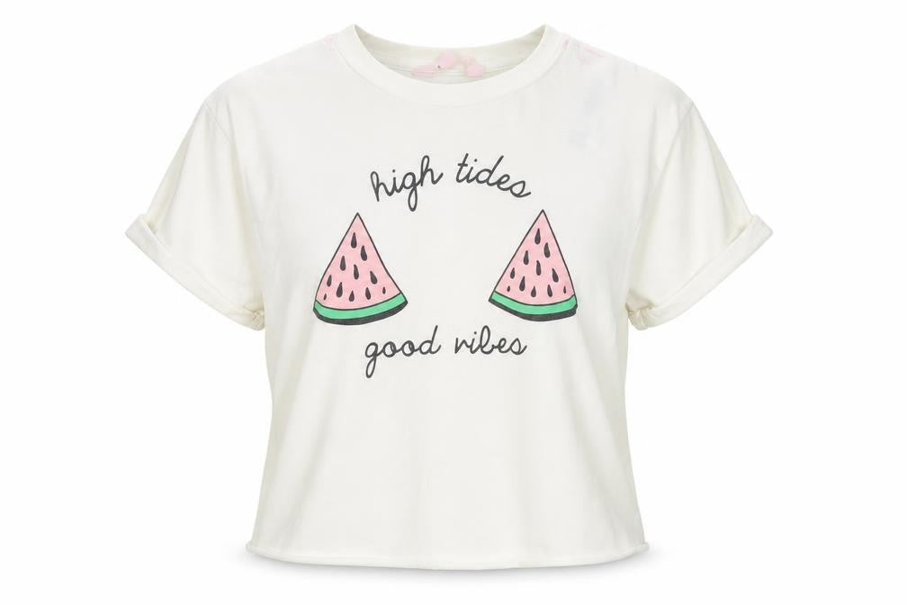Miss Selfridge Womens White Polyester Basic T-Shirt Size M Crew Neck - High tides, good vibes