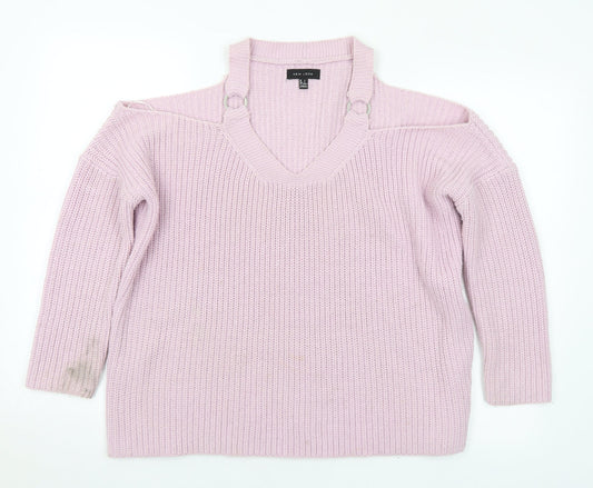 New Look Womens Pink V-Neck Acrylic Pullover Jumper Size S - Cold shoulder