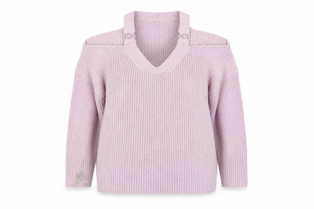 New Look Womens Pink V-Neck Acrylic Pullover Jumper Size S - Cold shoulder