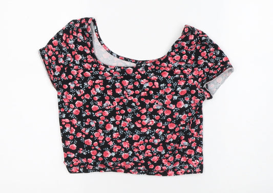 Divided Womens Black Floral Cotton Cropped T-Shirt Size M Round Neck