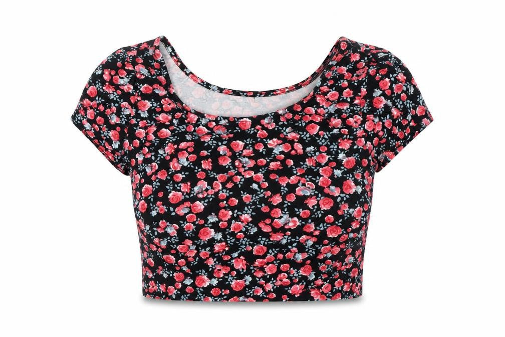 Divided Womens Black Floral Cotton Cropped T-Shirt Size M Round Neck
