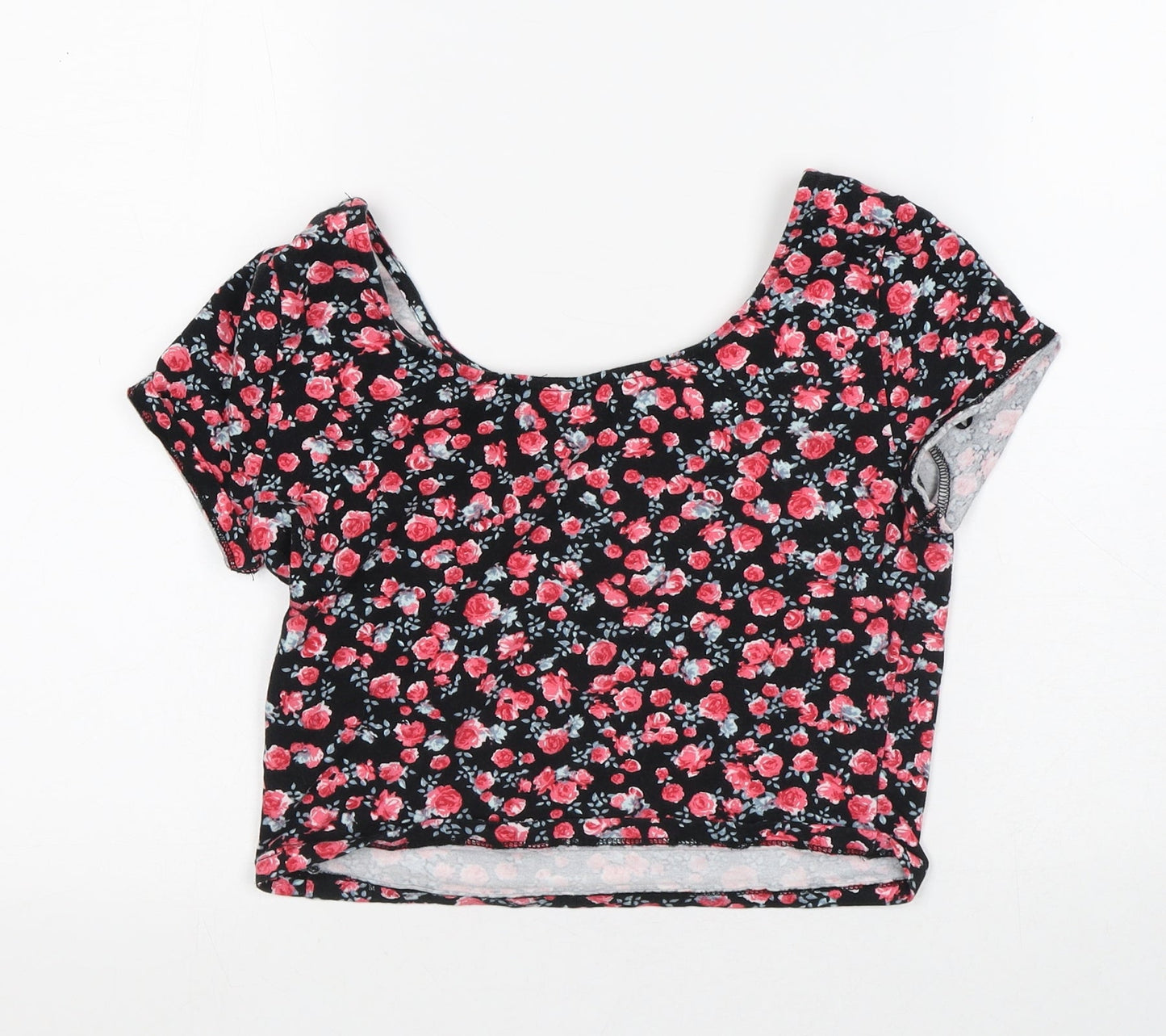 Divided Womens Black Floral Cotton Cropped T-Shirt Size M Round Neck