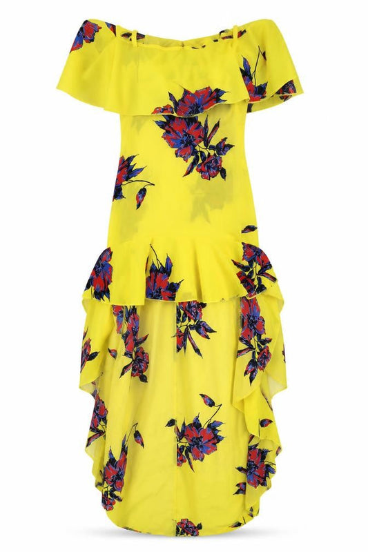 PRETTYLITTLETHING Womens Yellow Floral Patent Leather Maxi Size 6 Off the Shoulder - Short front Long Back