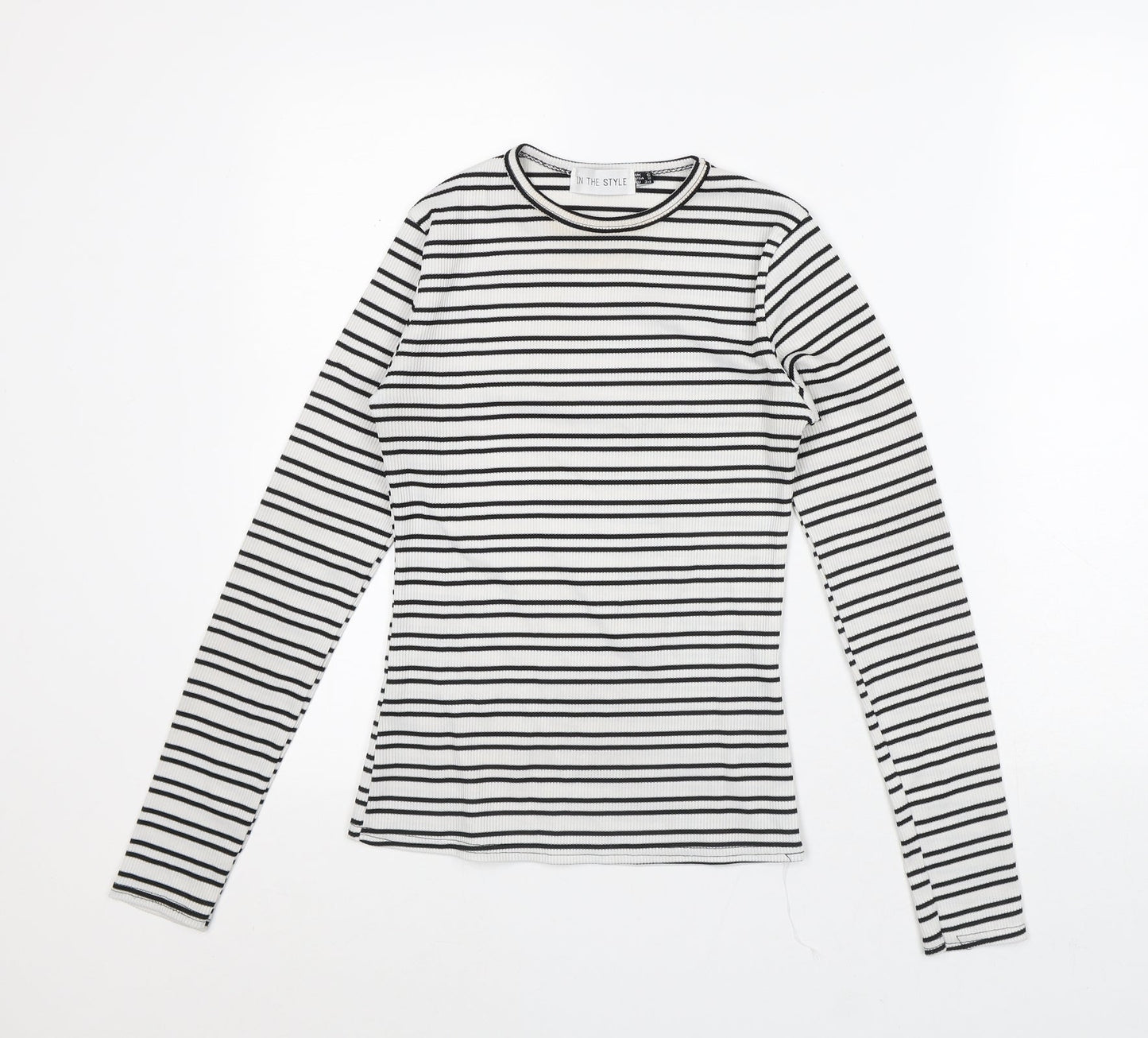 In the Style Womens White Striped Polyester Basic T-Shirt Size 6 Crew Neck