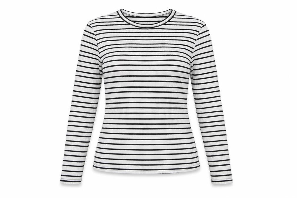 In the Style Womens White Striped Polyester Basic T-Shirt Size 6 Crew Neck