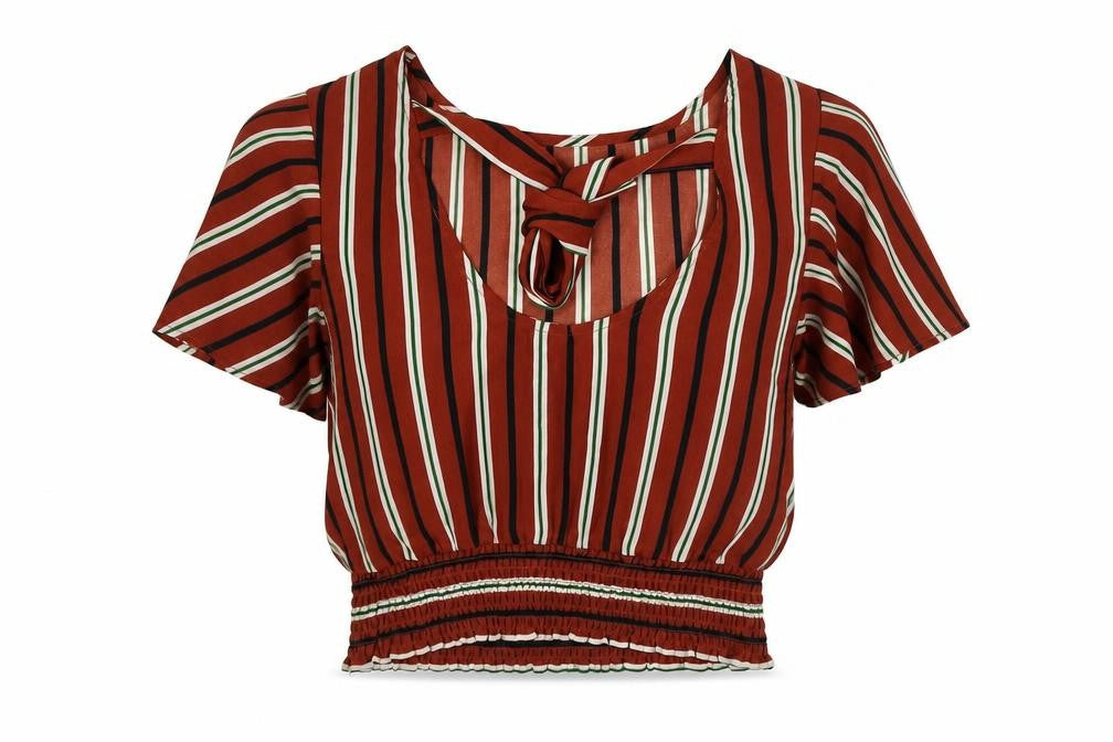 FOREVER 21 Womens Brown Striped Polyester Cropped Blouse Size S V-Neck