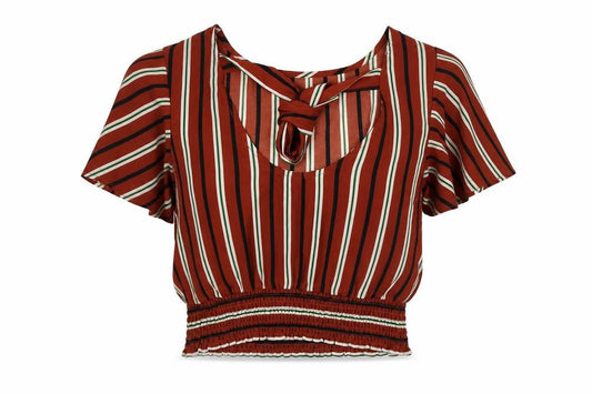 FOREVER 21 Womens Brown Striped Polyester Cropped Blouse Size S V-Neck