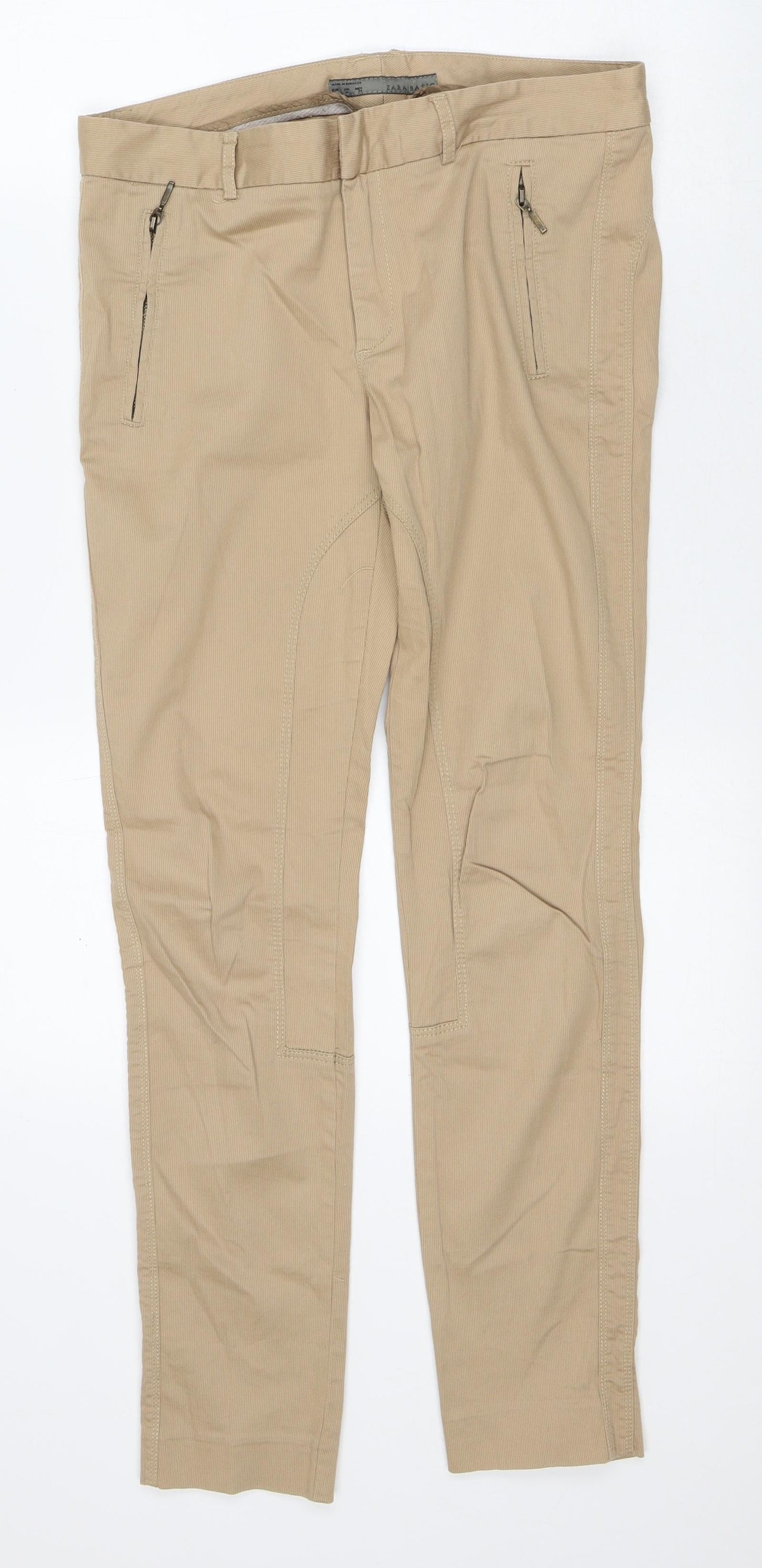 Zara Womens Beige Cotton Trousers Size M L28 in Regular Zip