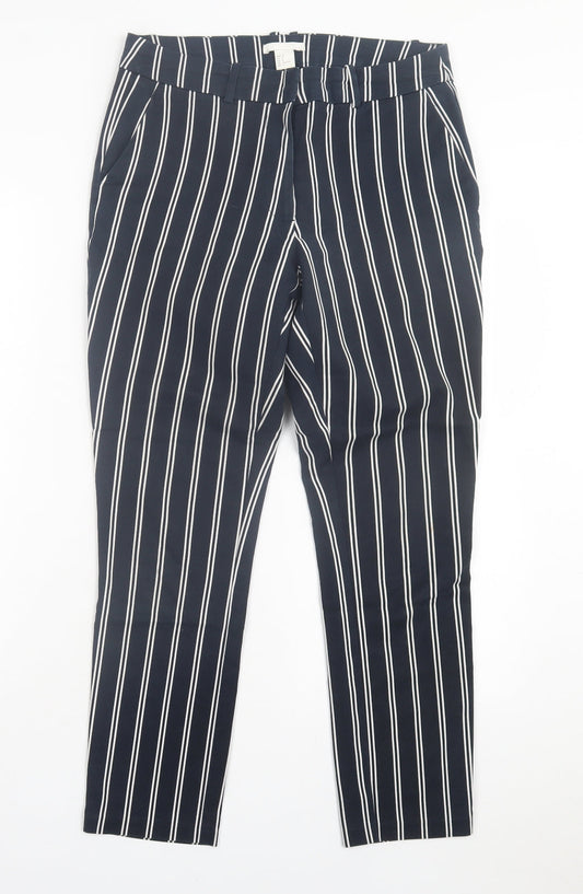H&M Womens Blue Striped Cotton Trousers Size 10 L26 in Regular Hook & Eye