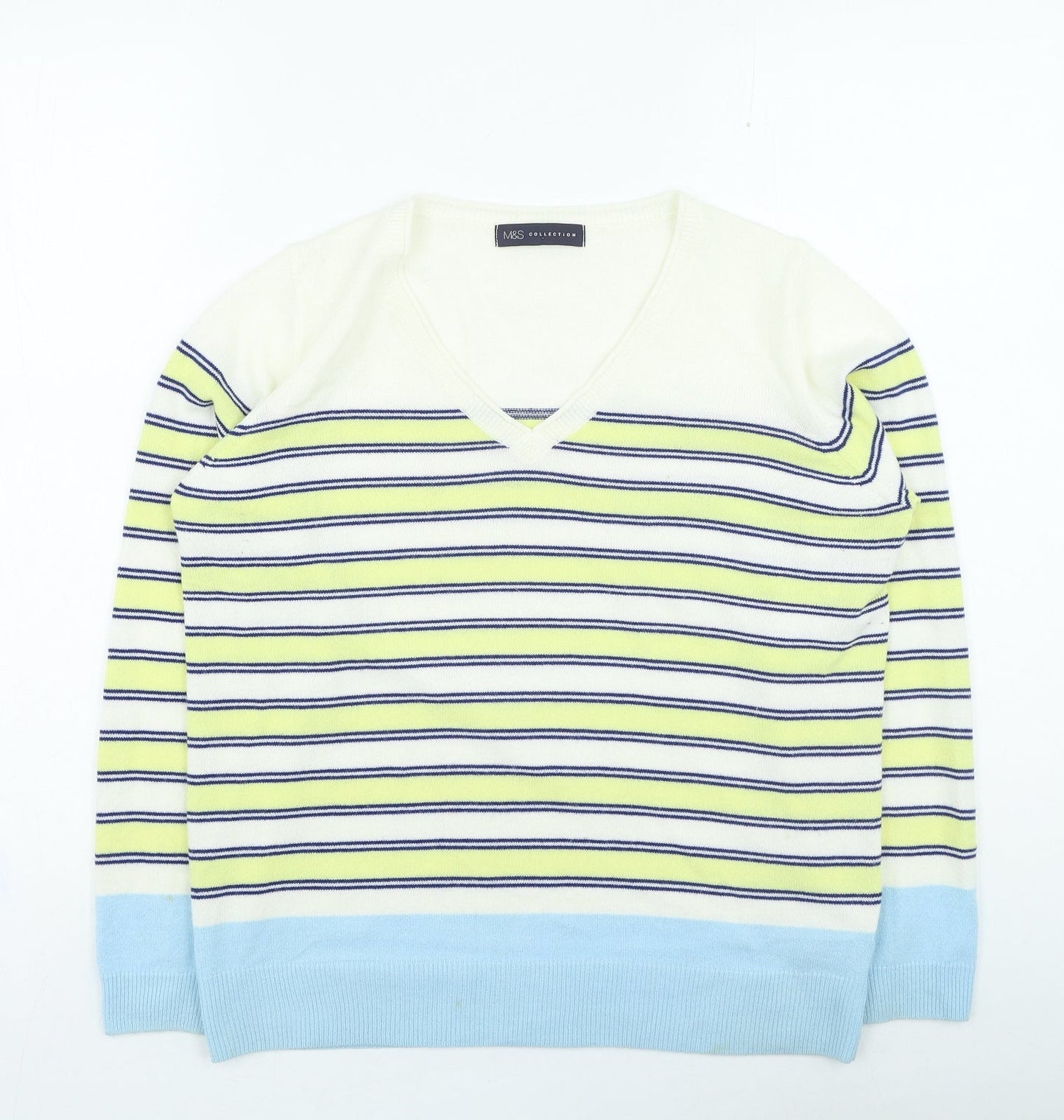 Marks and Spencer Womens Yellow V-Neck Striped Acrylic Pullover Jumper Size 14