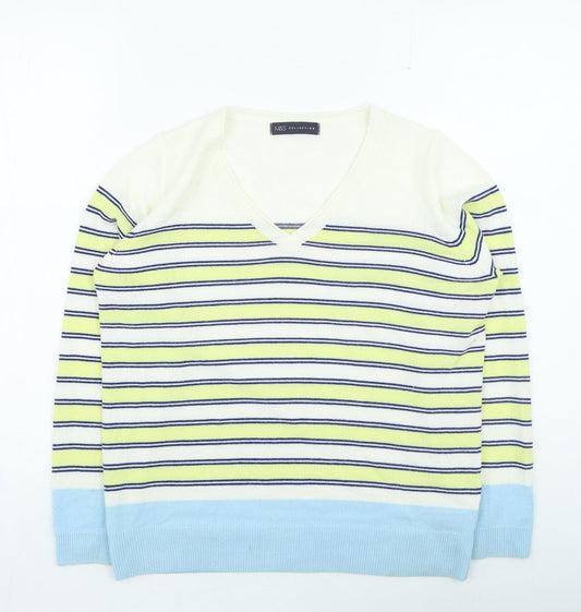 Marks and Spencer Womens Yellow V-Neck Striped Acrylic Pullover Jumper Size 14