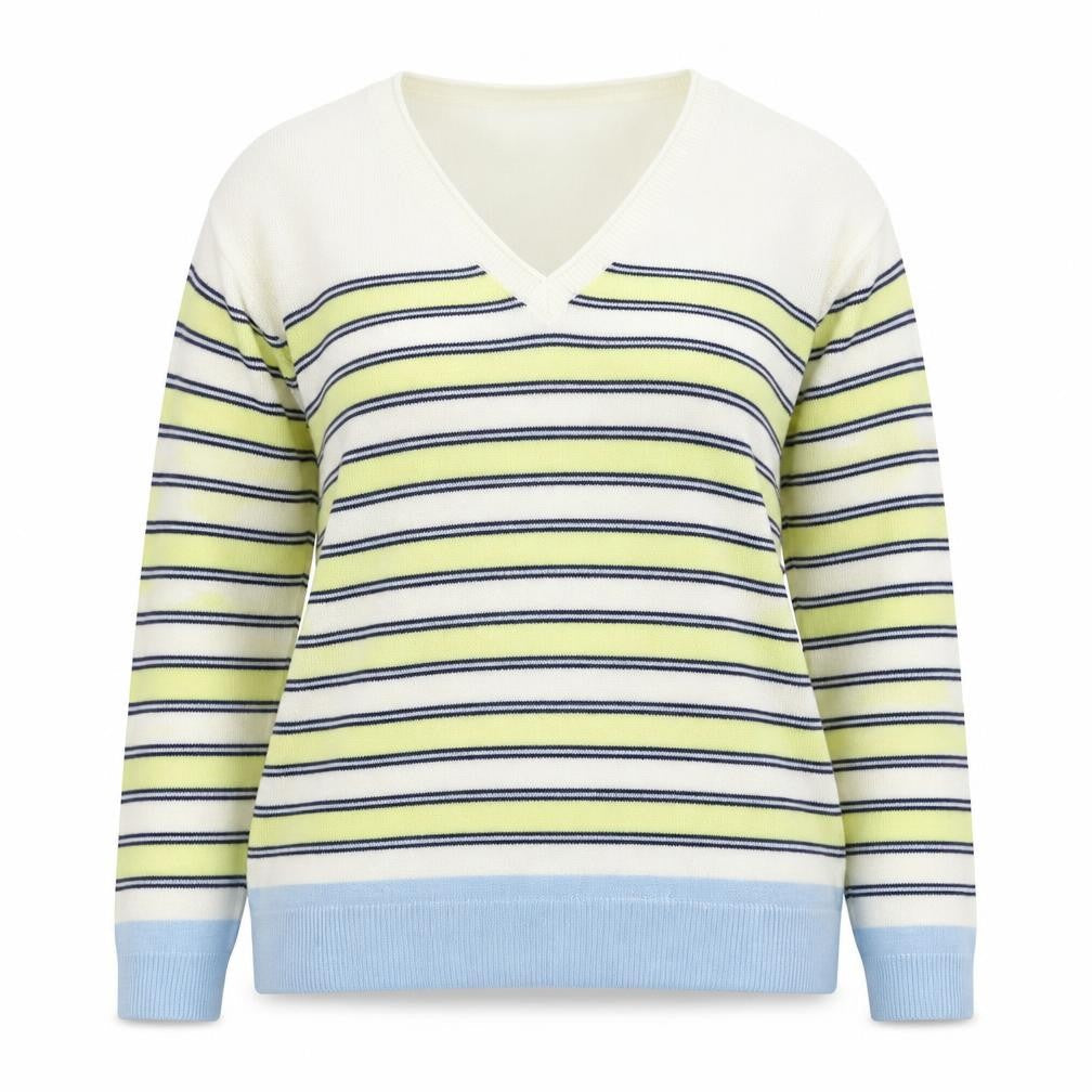 Marks & Spencer Womens Yellow V-Neck Striped Acrylic Pullover Jumper Size 14