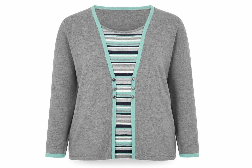 Bonmarché Womens Grey Round Neck Striped Viscose Pullover Jumper Size 16