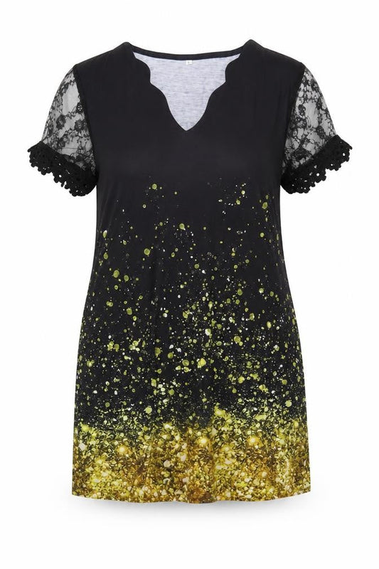 Preworn Womens Black Geometric Cotton Tunic Blouse Size L V-Neck - Lace Detail