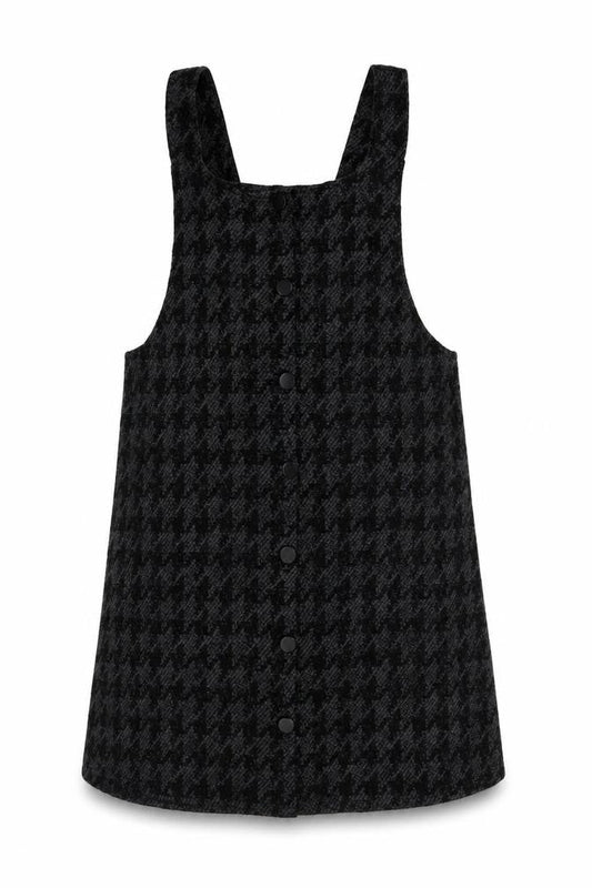 New Look Womens Grey Houndstooth Acrylic Pinafore/Dungaree Dress Size 4 Scoop Neck Pullover