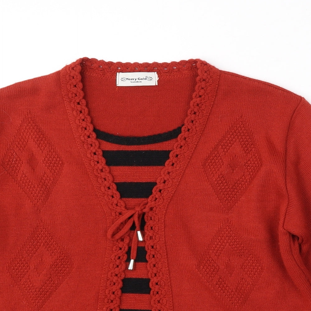 Merry Gold Womens Red Round Neck Striped Acrylic Cardigan Jumper Size M