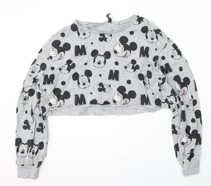 Preloved Divided by H&M Womens Grey Round Neck Geometric Cotton Pullover Jumper Size M - Disney, Mickey Mouse - Front