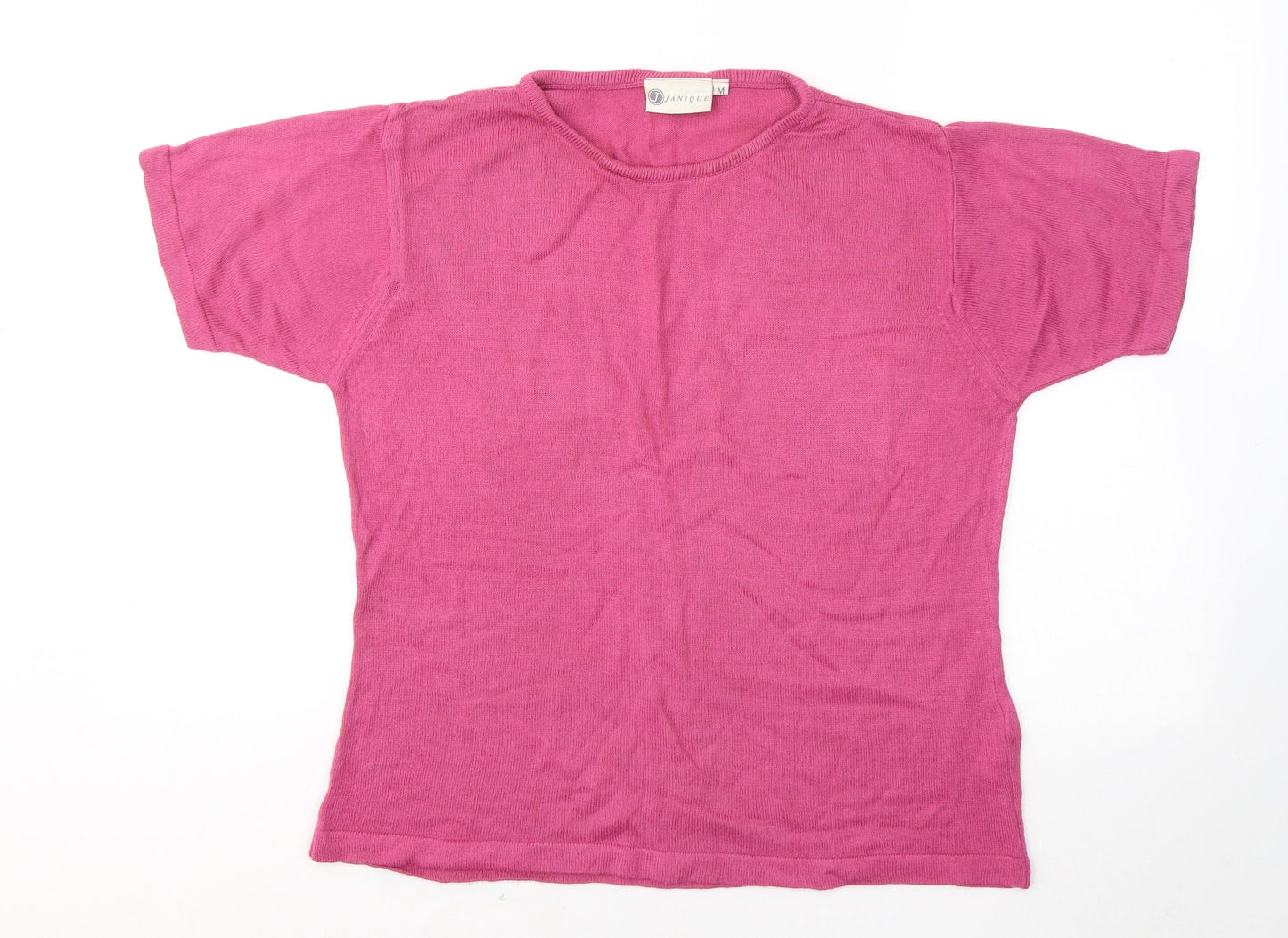 Janique Womens Pink Acrylic Basic T-Shirt Size M Round Neck