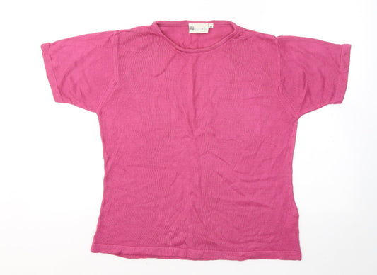 Janique Womens Pink Acrylic Basic T-Shirt Size M Round Neck